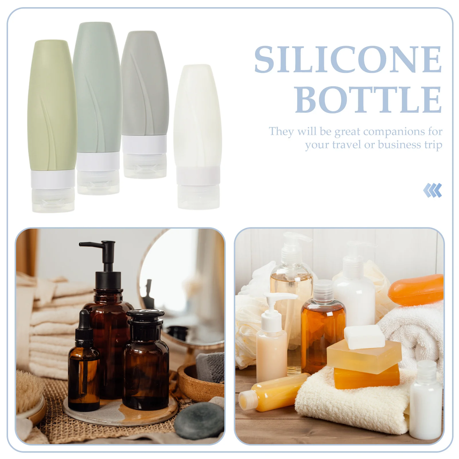 

4Pcs Silicone Bottles 60ml Grey White 90ml Blue Green Toiletry Containers Shampoo Travel Size Bottles Storage Portable
