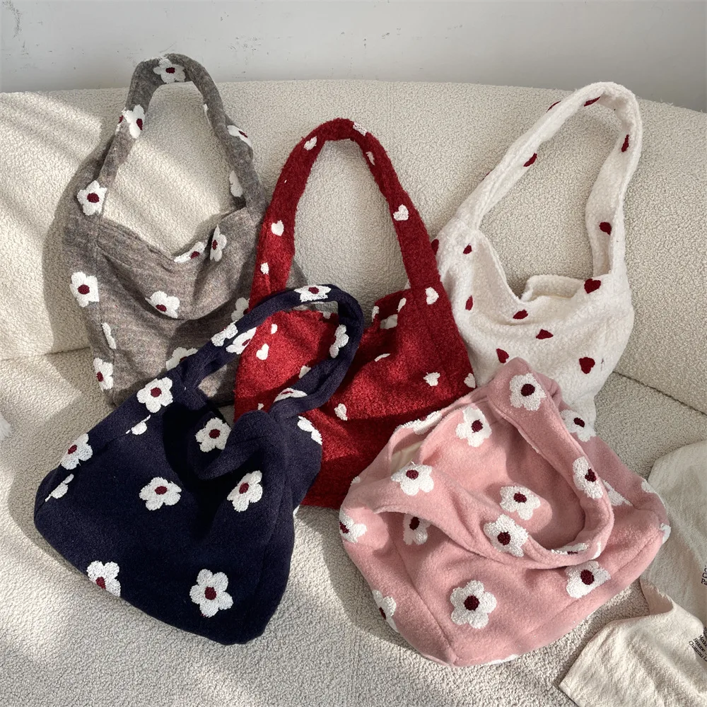 

Winter New Plush Tote Bags for Women Large Capacity Korean Style Shoulder Bag Book Storage