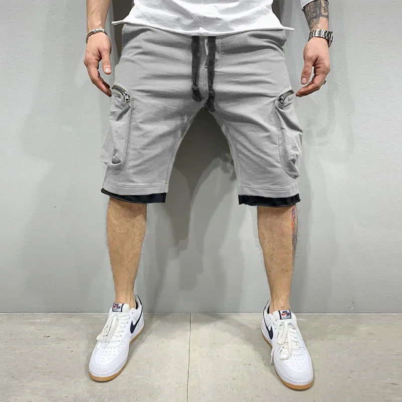 Pantalones cortos de algodón para hombre, doble bolsillo con cremallera de Pantalón Cargo, estilo Hip-Hop, informal, deportivo, Fitness, cinco puntos