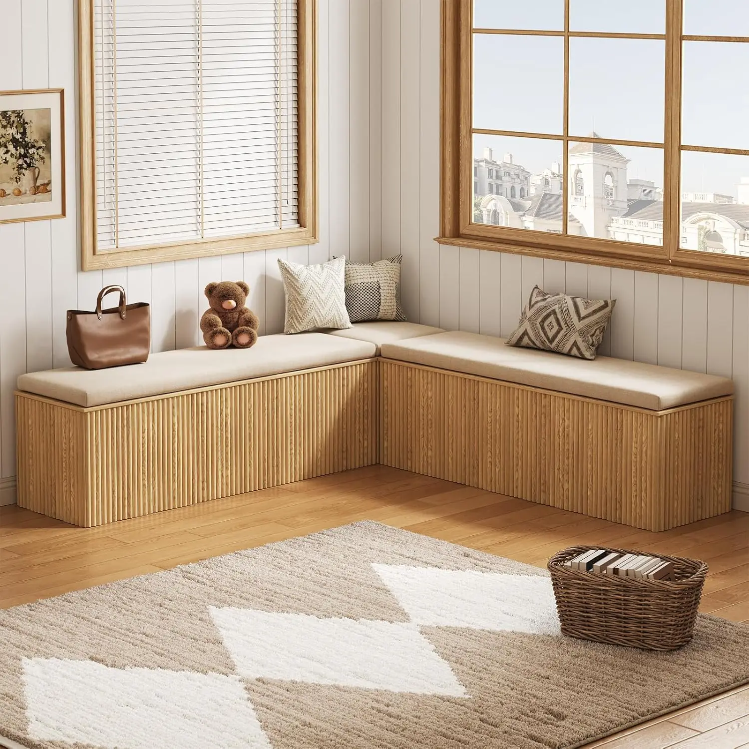 L Shaped Storage Dining Bench with Cushion & Hidden Compartment, Natural Wood Corner Seating for Kitchen Entryway, Customized