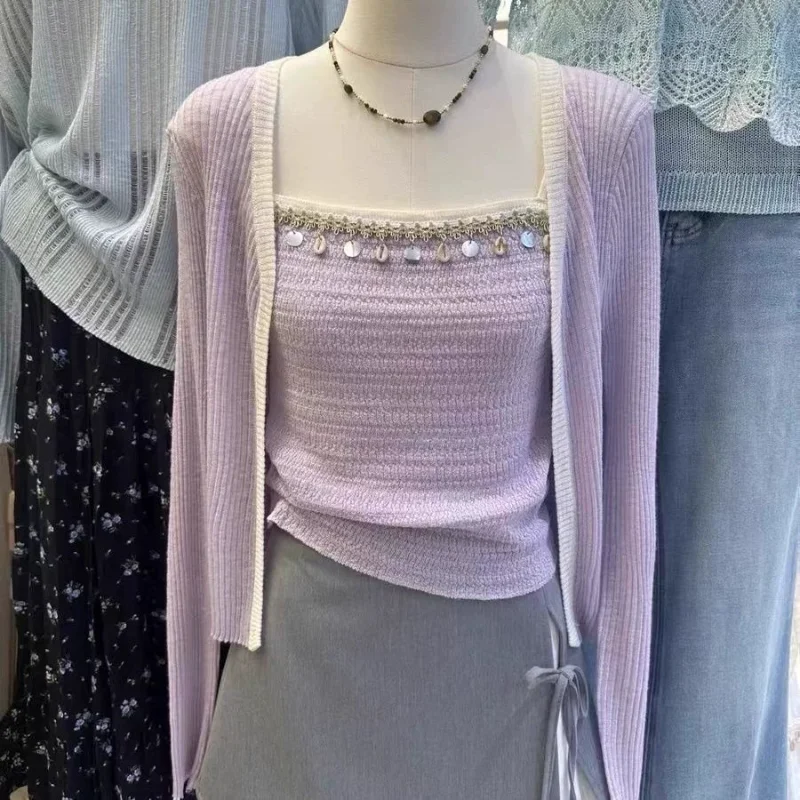 

Литературный ретро нежный камзол для тяжелой промышленности, вязаный солнцезащитный кардиган с длинными рукавами, пальто, женский осенний комплект из двух предметов