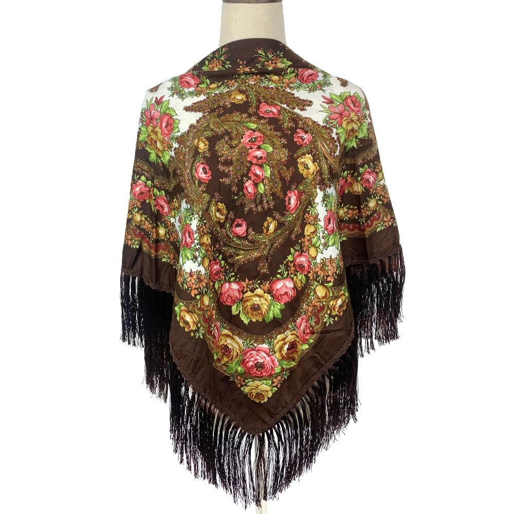 110*110cm Bohe Style Cotton Printed Square Scarf for Women Russian National Scarves Ethnic Fringed Shawl Lady Winter Blanket