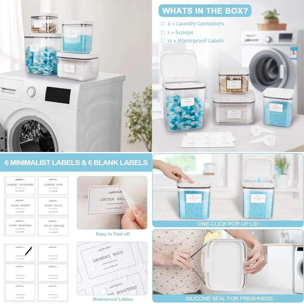 

Stackable Laundry Pods Storage with Pop-Up Lids and Labels for Powder, Scent Beads, Dryer Balls Organization