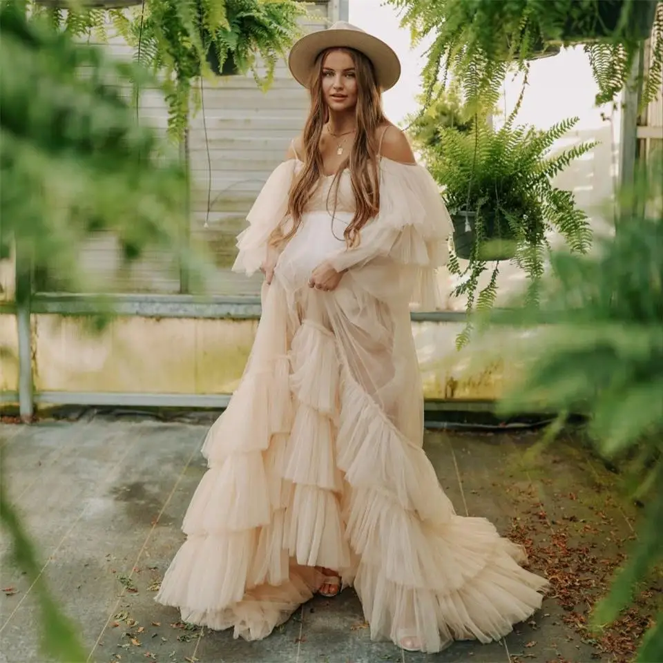 2022 estilo boêmio vestidos de baile em camadas babados longos vestidos de festa fofos artesanal cintas espaguete fotografia maternidade vestido