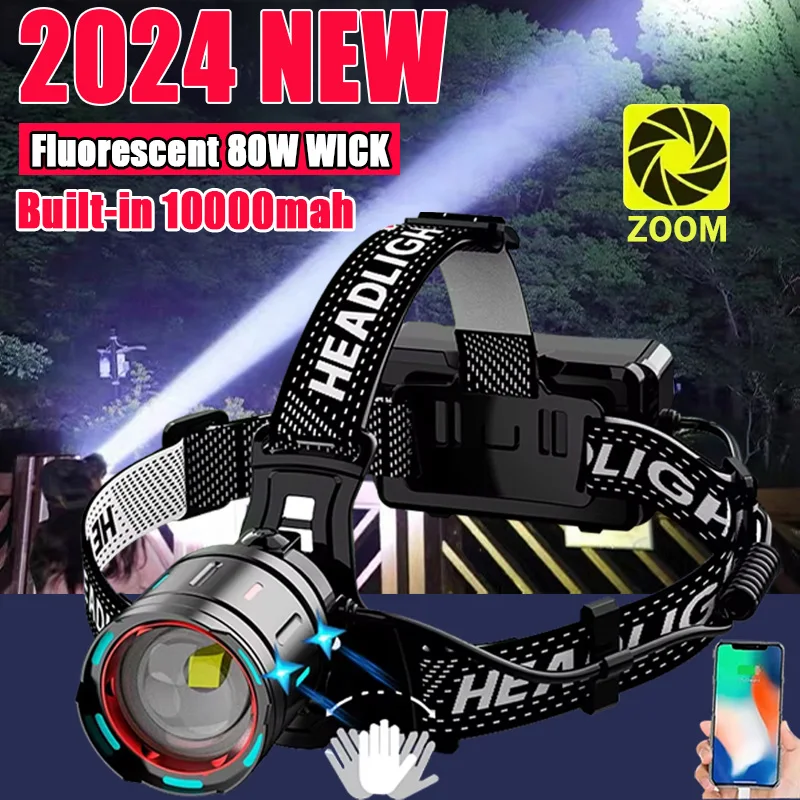 2024 Ultra Powerful LED Headlamp Super Bright Long Range Head Flashlight USB Rechargeable Head Torch Fishing Hunting Head Light