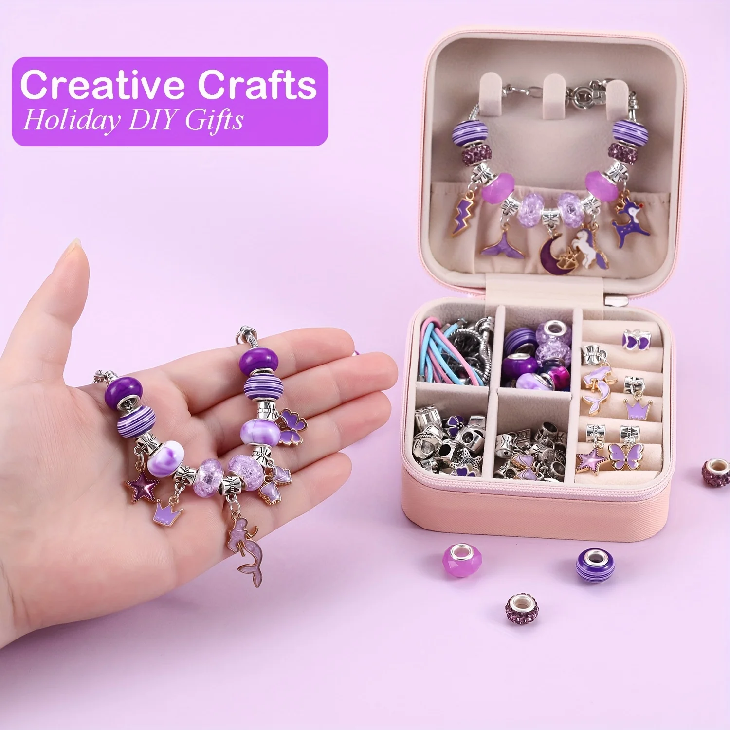 68pcs purple bead charm hand-made handmade bracelet necklace, mermaid and unicorn series charm gift set for handmade gift