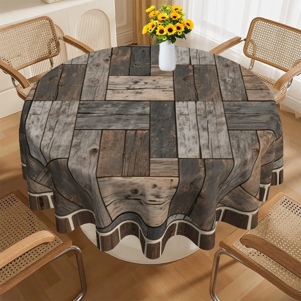 A round tablecloth with a rustic wooden board design, perfect for Christmas.