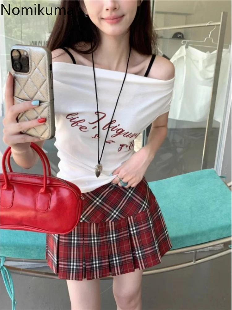 

Women Tshirts Crop Tops 2024 Ropa Mujer Fashion Summer White Tees Slim Fit Letter Print Camisetas Slash Neck Sexy Y2k T Shirts