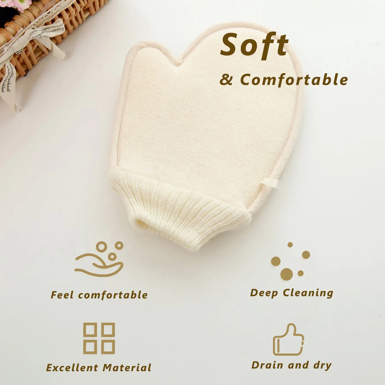 قفاز استحمام 2 في 1، قطعة واحدة من القطن والكتان الطبيعي مع نسيج شبكي للمنتجعات الصحية المنزلية