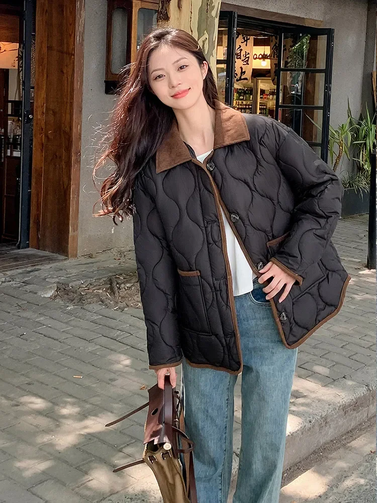 Vielleicht 2024 New Korea Winter Clothes Women Puffer Jacket Coat Short Parkas Spliced Corduroy Lapel Down Cotton Padded Outwear