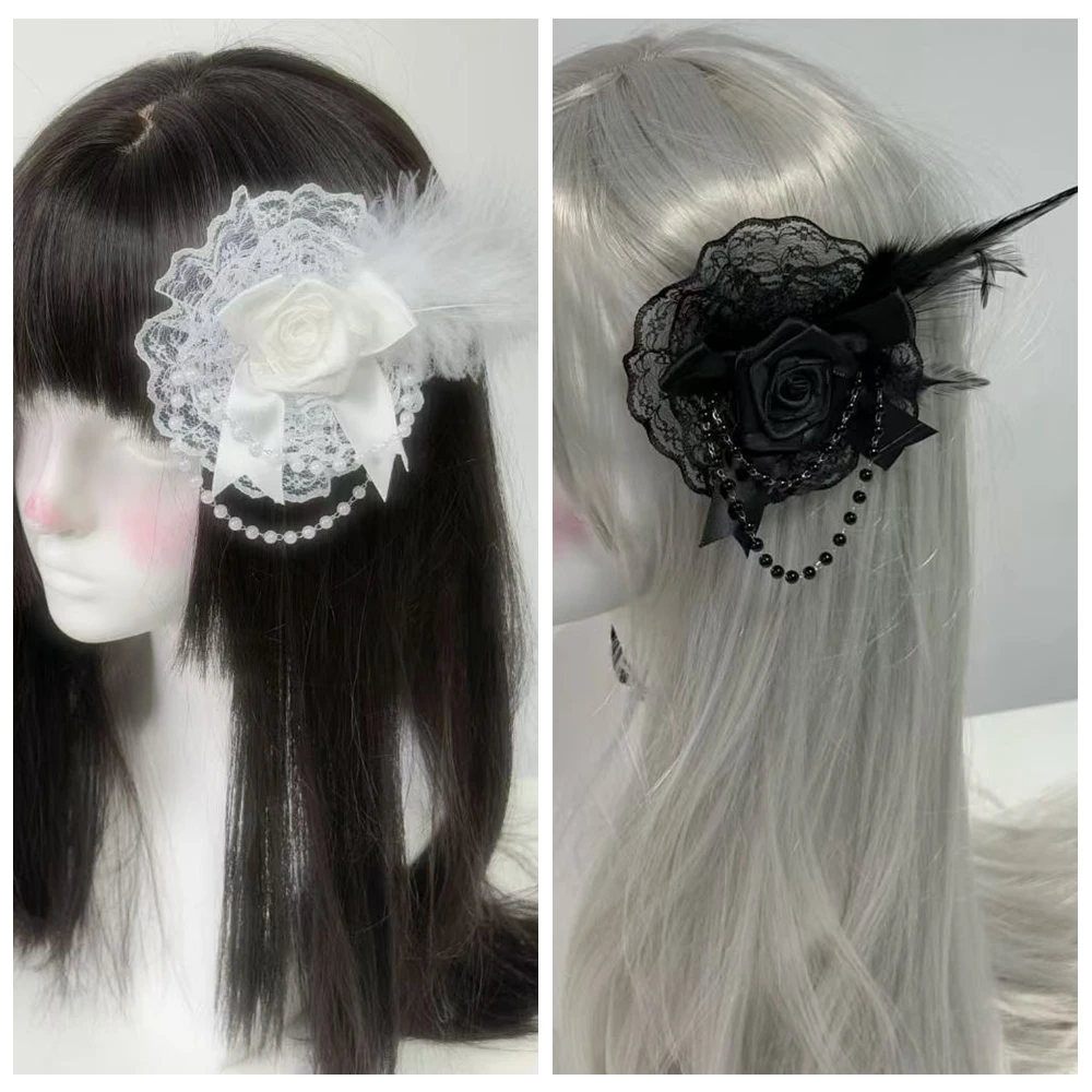 Gotycka spinka do włosów z piórami róż Vintage koronkowa spinka do włosów w stylu japońskim szpilki do włosów dla dziewczynek nakrycie głowy Cosplay Lolita akcesoria do włosów