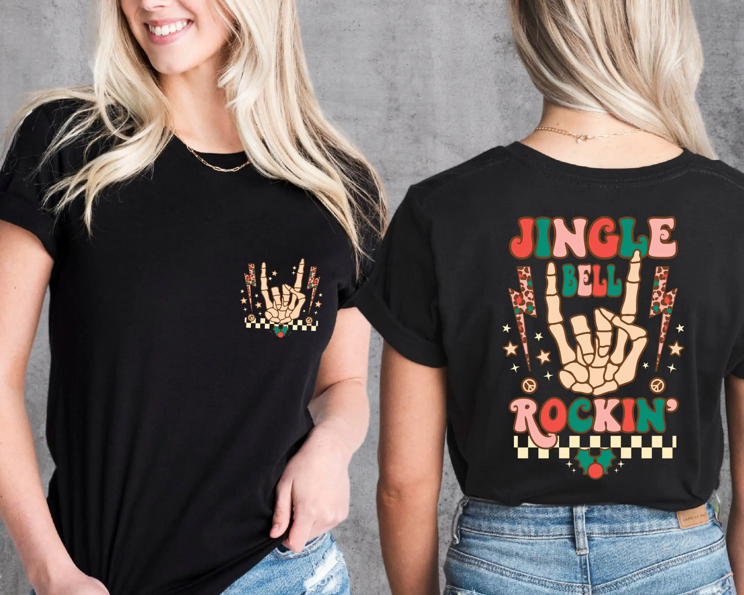 Jingle Bell Rockin T Shirt Skeleton Hands Funny Christmas Music Retro Xmas Lovers