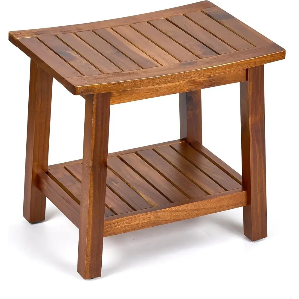 

20 Acacia Wood Outdoor Shower Bench with Waterproof Seat and Storage Shelf