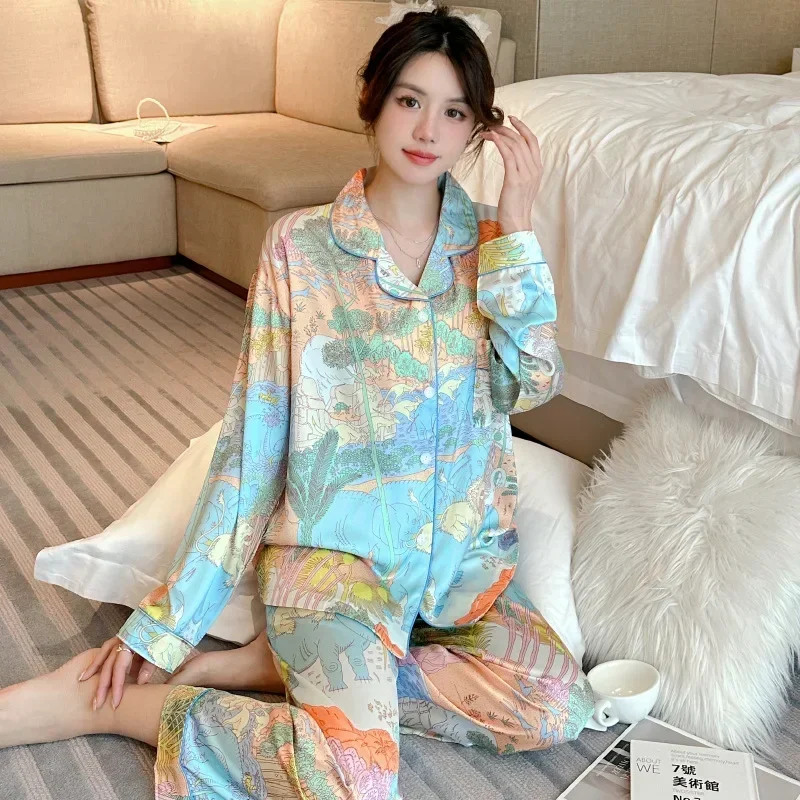 Colorful Jungle Pajama Satin Silk Spring Autumn Long Sleeves Long Pants Young Girl Thin Homewear Casual Set Loose Sleepwear