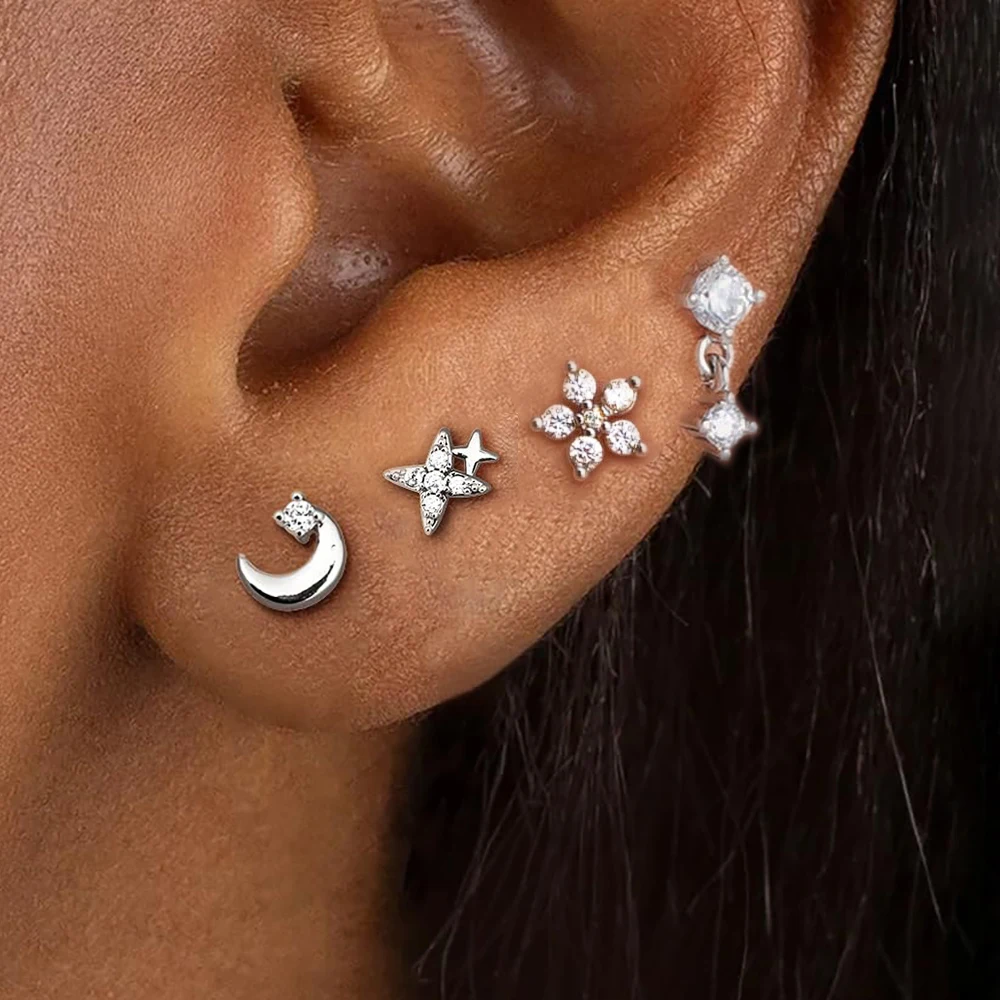 4 قطعة تصميم جديد الفولاذ المقاوم للصدأ مكعب زركونيا قرط الاذن المرصع للنساء ستار زهرة قلادة الغضروف ثقب المجوهرات الأنيقة #2