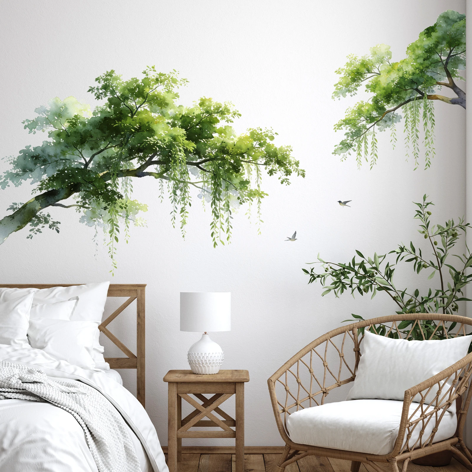 Watercolor Green Tree Wall Stickers, Nature Willow Branch & Bird Decals, Removable Fresh Aesthetic Home Decor
