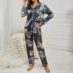 Women's Satin Casual Pajama Pj Set Autumn Long Sleeve Buttons Lapel Top & Pants Sleepwear Comfortable Relaxed Fit Home Clothes