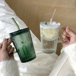뚜껑이 달린 레트로 유리 텀블러, 빨대 유리 커피 컵, 두꺼운 유리 머그잔, 우유 주스 컵, 투명 및 녹색 주스 모카 컵, 400ml