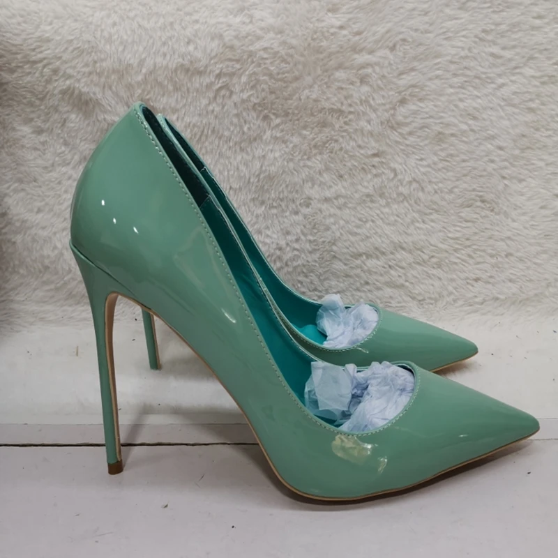 Blue Green Patent Leather Women Shoes 120MM Shallow Stiletto High Heels Pumps Slip On Pointed Toe Party Dress Shoes Size 46 view 6
