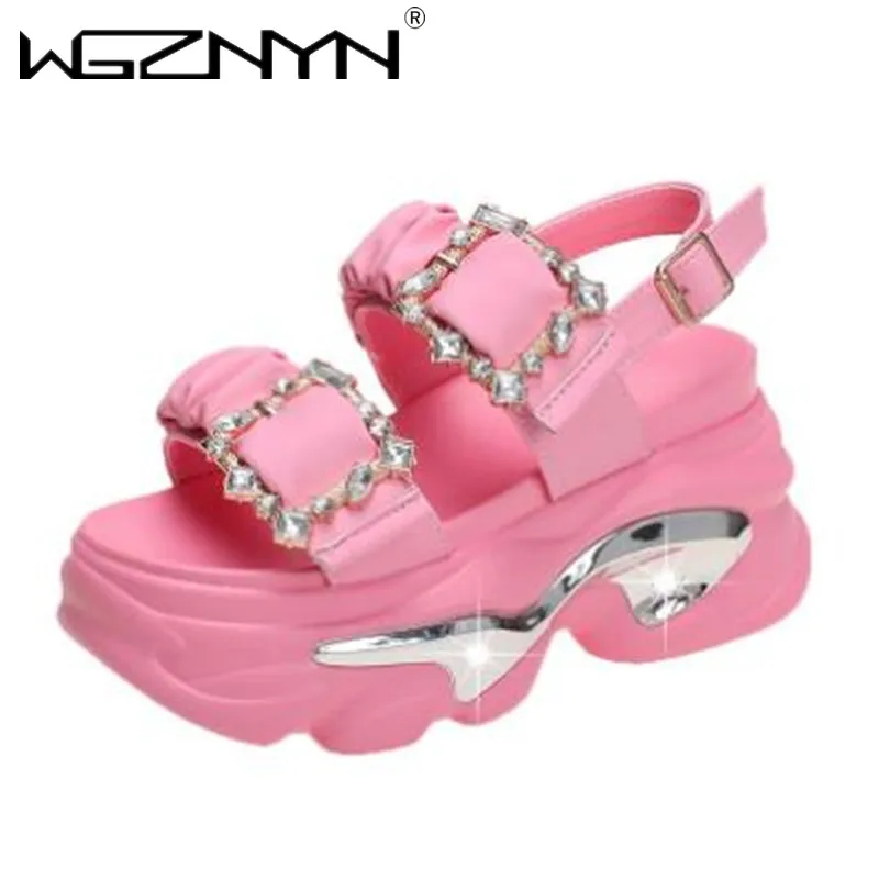 Women\'s Bling Strap Chunky Sandals Summer 2024 Thick Bottom Wedges Beach Slippers Woman Fashion Pink High Platform Sandals Mujer