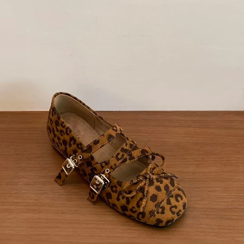 

Women Mary Jane Shoes Flats Square-toed Buckle Autumn Women Shoes 2025 Leopard Print Dress Walking Shallow Zapatillas De Mujer