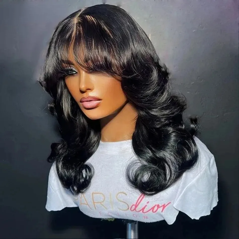 3x1 Middle Part Lace Wig Body Wave Cheap Wigs Full Machine Made Human Hair Wig with Bangs for Women on Clearance Sale Front