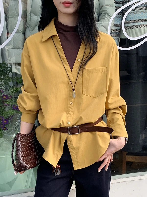 

Корейский топ Boran в стиле Color Block с длинными рукавами и воротником, повседневный, свободного кроя, имитация двухслойности, женская модная одежда