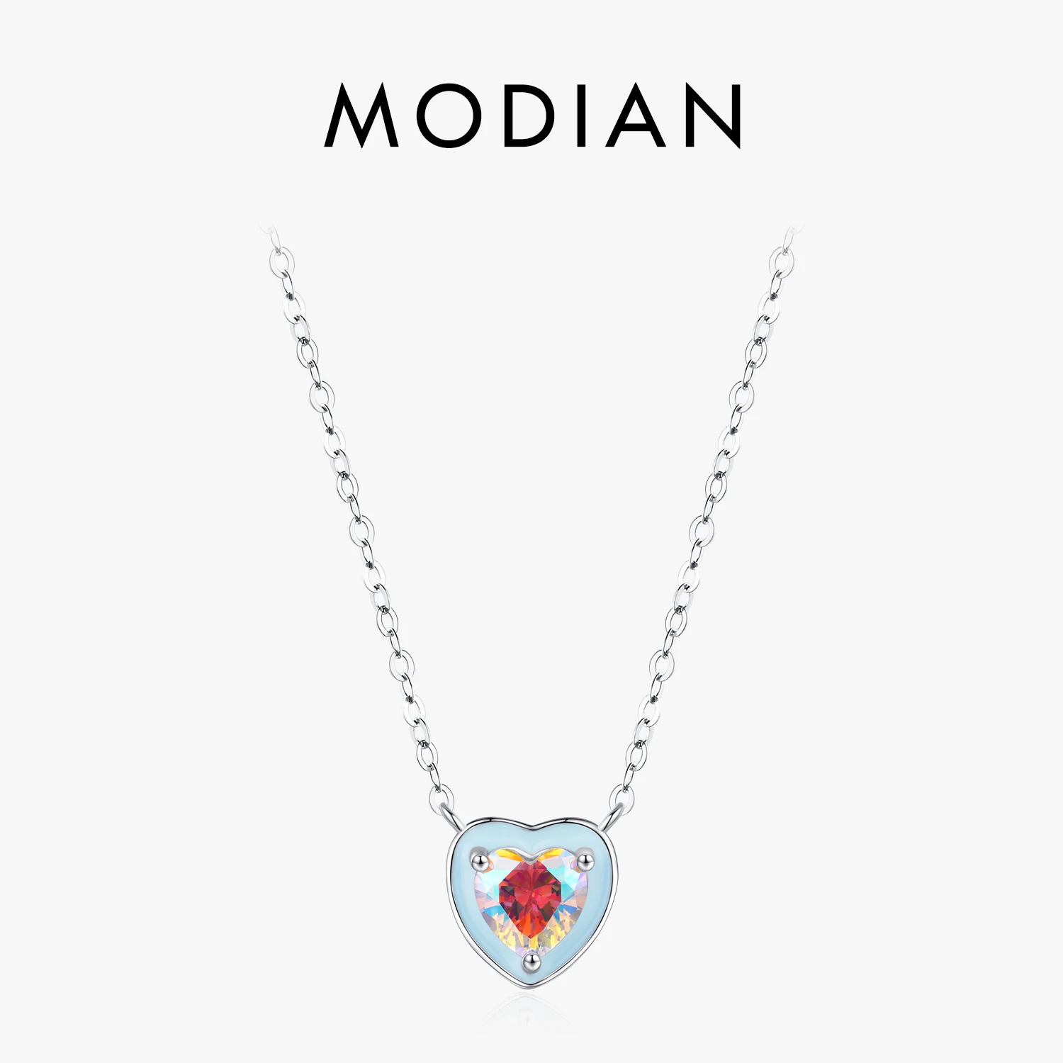 MODIAN Light Blue Enamel Hearts Pendant 925 Sterling Silver Colorful Romantic Heart Chain Necklaces For Women Fine Jewelry Gifts