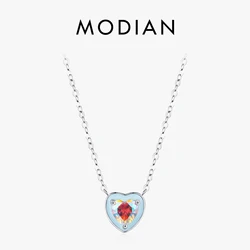 MODIAN Light Blue Enamel Hearts Pendant 925 Sterling Silver Colorful Romantic Heart Chain Necklaces For Women Fine Jewelry Gifts