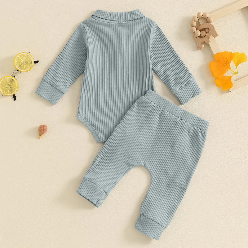 RUEWEY 0 to 18 Months 2-Piece Baby Boys Ribbed Pant Sets Button Long Sleeve Lapel Neck Bodysuit Drawstring Pocket Long Trousers