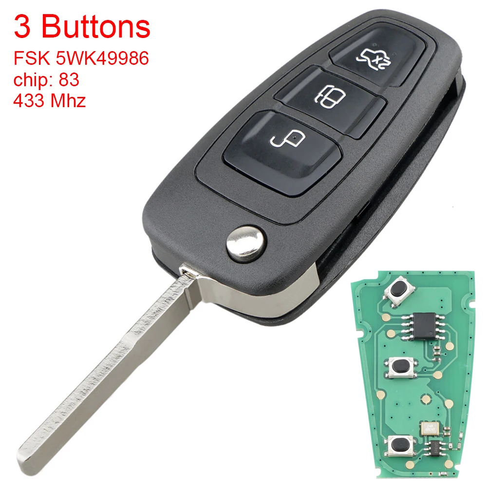 3 Button 433MHz Car Remote Key Fob Case Shell Fit for Ford Mondeo 2010-2018 Focus Grand S-Max Transit Connect 5WK49986 ID83 Chip