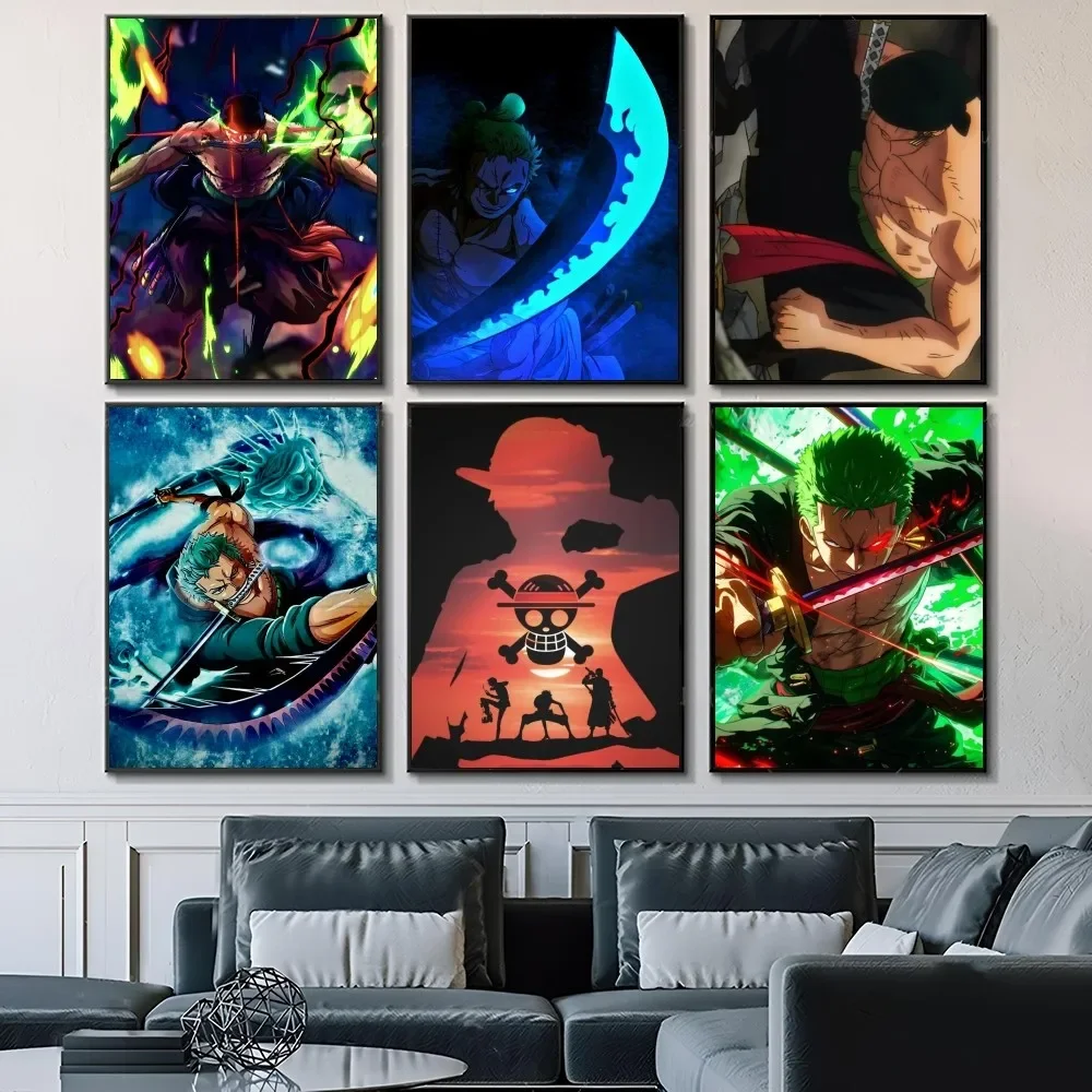 O One P Piece Roronoa Zoro Poster Self-adhesive Art Waterproof Paper Sticker Coffee House Bar Room Wall Decor