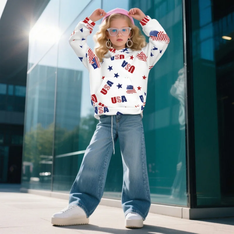 

Kids USA Flag Hoodie Patriotic Stars Casual Girls Sweatshirt Children's Fashion Pullover 2026 New