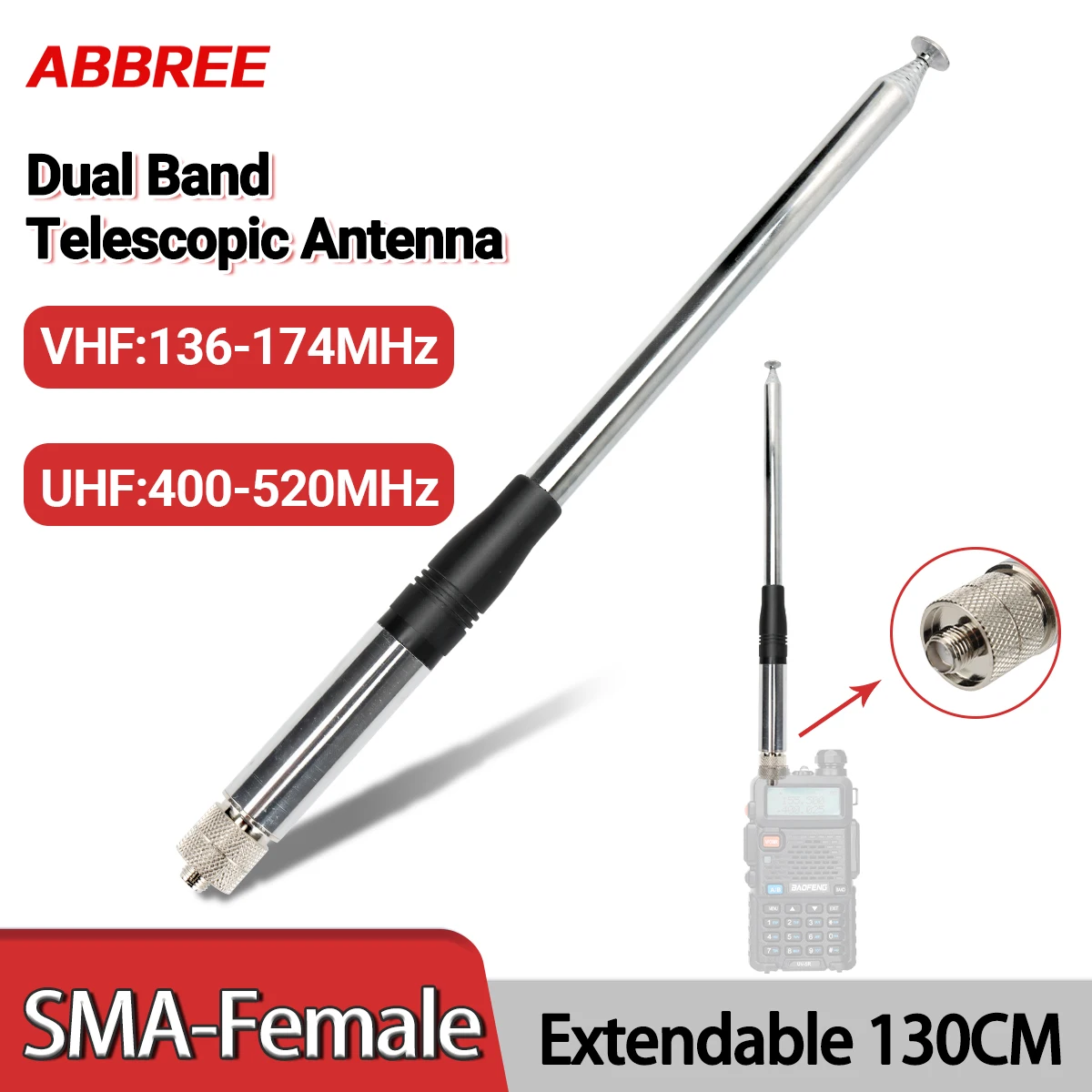 

ABBREE 23/130cm SMA-Female Telescopic Antenna Dual Band VHF/UHF 144/430MHz Antenna For UV-K5 Baofeng UV-5R BF-888S UV 17 21 PRO