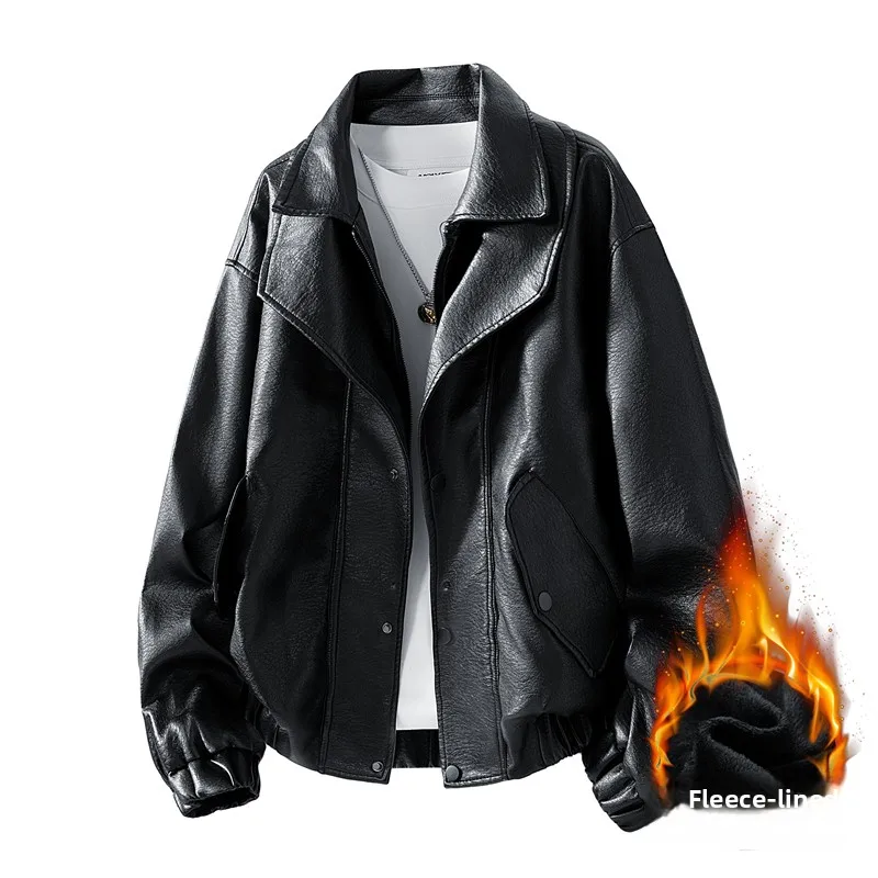 

Men's Biker Sle Fce Lined Double Collar Thiened Leather Jaet Autumn Winter Faionable Outerwear Casual Streetwear