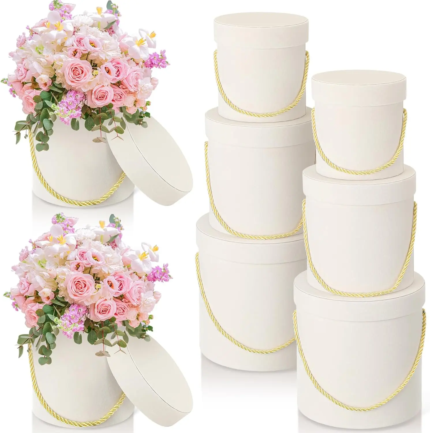 

Набор из 6 бархатных круглых цветочных подарочных коробок с крышками и ручкой для свадьбы, дня рождения, вечеринки белого цвета