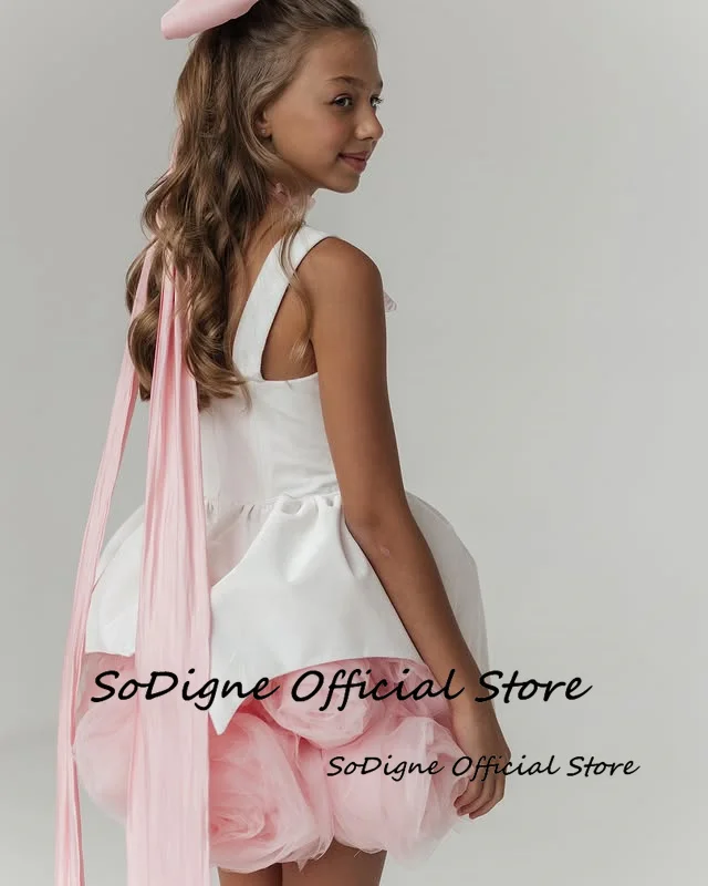 SoDigne 3D Flower A-line Satin Short Flower Girl Dress Sleeveless Birthday Party Dresses 2025 Skirt Girls Kid Gown Customized