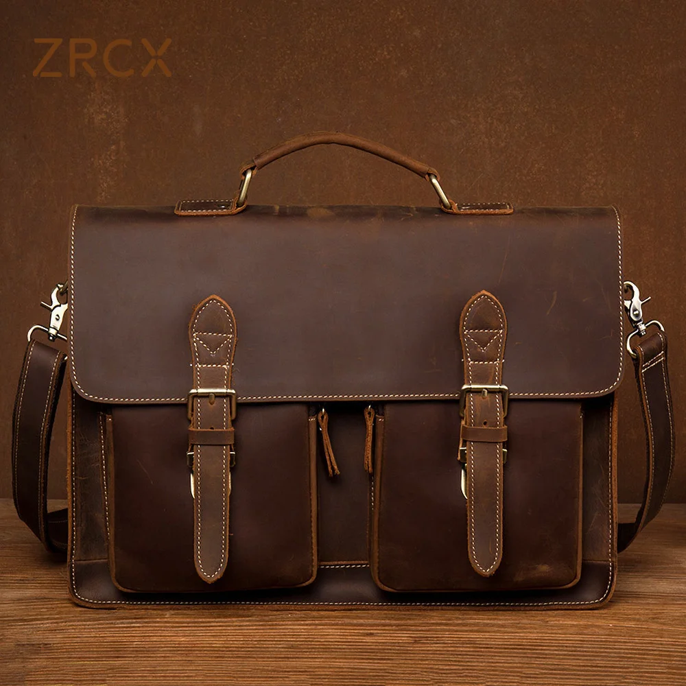 

ZRCX Genuine Leathe Vintage Man Handbag Briefcase Men Shoulder Crazy Horse r Bags Brown Business Fashion 15.6 Inch Laptop Bag