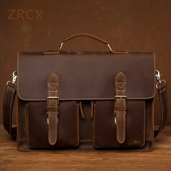 ZRCX Genuine Leathe Vintage Man torebka teczka mężczyźni ramię Crazy Horse r torby brązowy moda biznesowa 15.6 Cal torba na laptopa