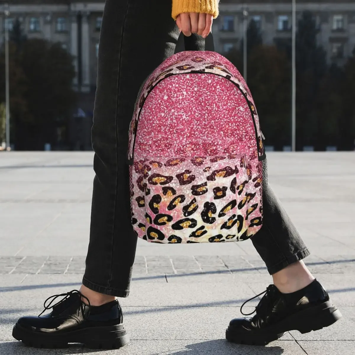 Bubble Gum Pink Faux Glitter Leopard Animal Print Backpacks Teenager Bookbag School Bags Travel Rucksack Shoulder Bag