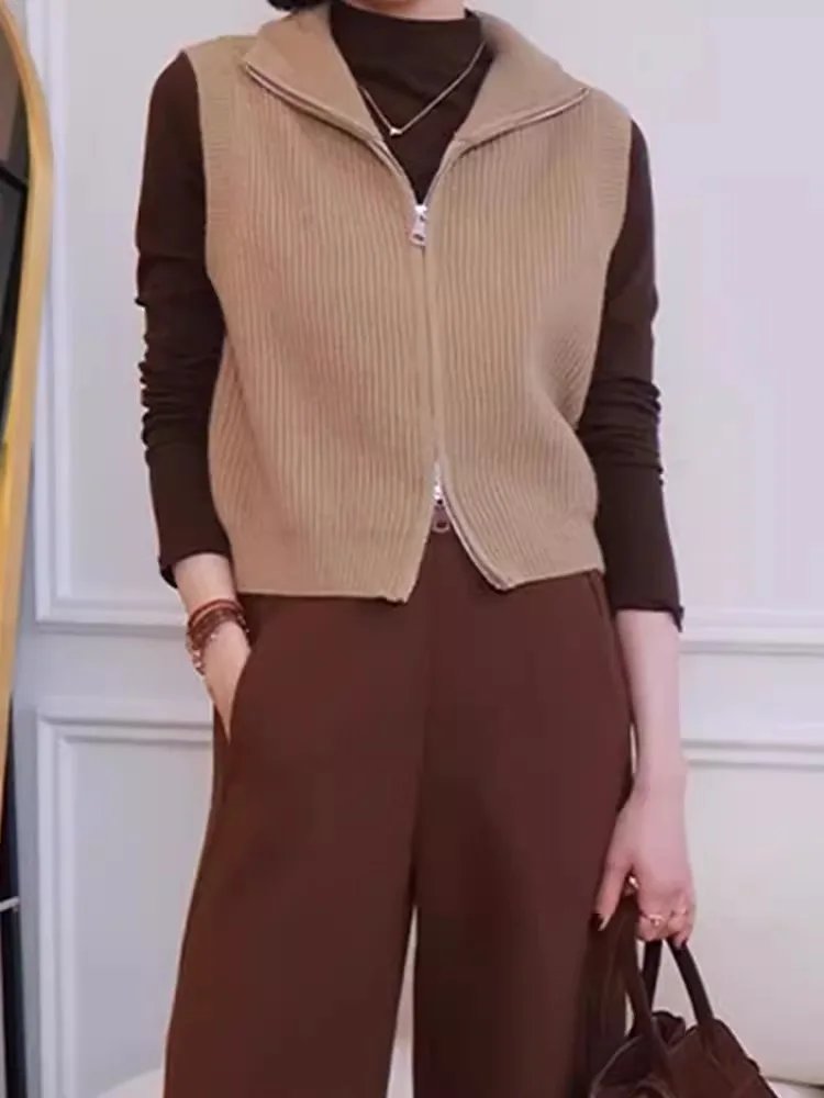 

Ele Double Zipper Svel Knitted Vest Women's Casual Versatile Personali oulder Pad Layering Sweater Outerwear Tr...