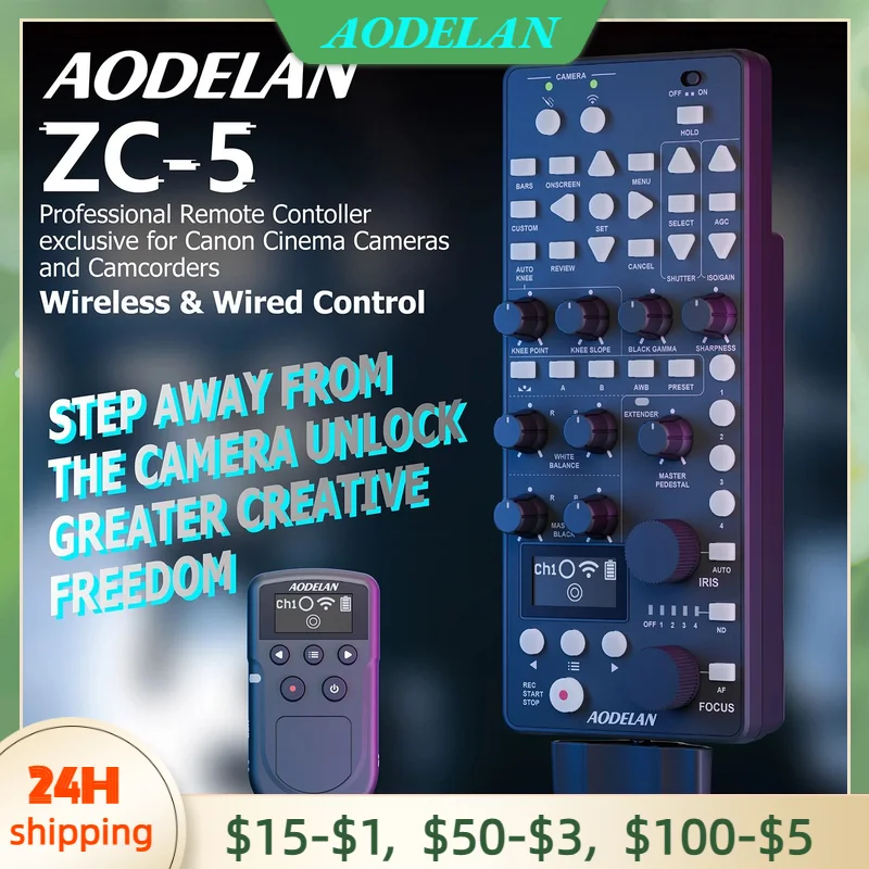 AODELAN ZC-5 650FT Wireless Multifunctional Remote Controller for Canon IRIS FOCUS ZOOM ISO OSD ND adjust, Replace Canon RC-V100