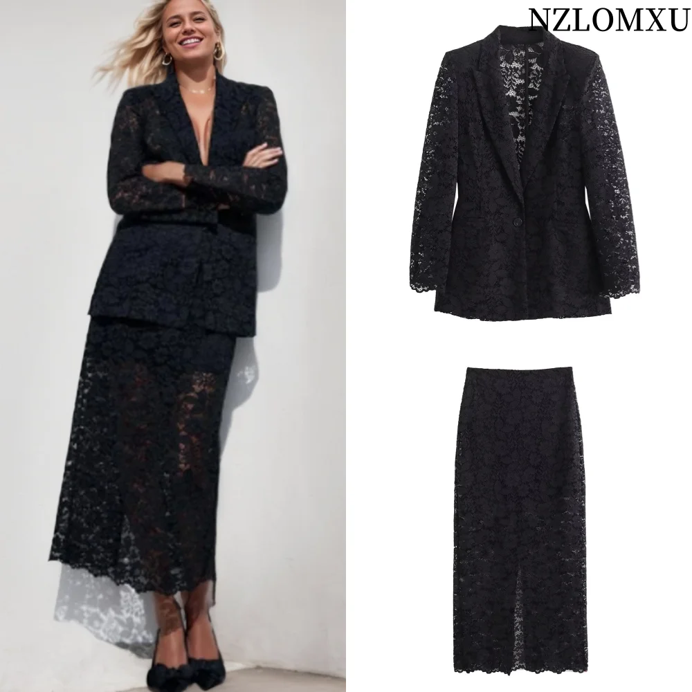 

2024 Summer New Product Women's Fashion Flip Tie Shoulder Padded Lace Suit Coat High Waist Slim Fit Lace Skirt Set