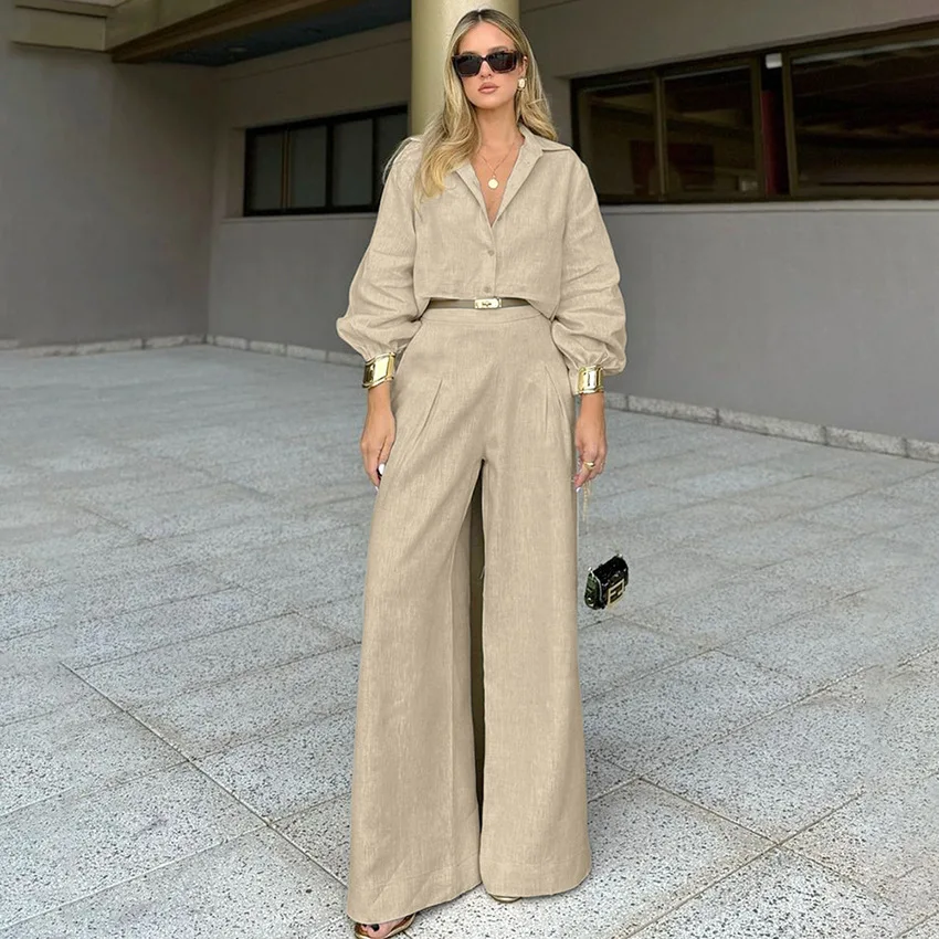

High Waist Cotton Linen Feel Color Casual Set Autumn Winter New Style Elegant Two Piece Set Women's Leisure Sport Suit