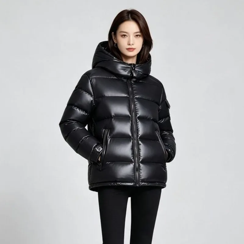 2026 New White Duck Down Solid Color Warm Down Jacket Hooded Zipper Short Winter Jacket Glossy Windproof Arm Pockets