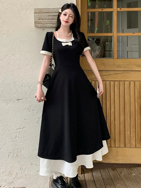 

Slimming plus Size Women's Summer Dr Square Collar Knot Long Skirt Conceal Meat Anti-Aging One-Piece Dr