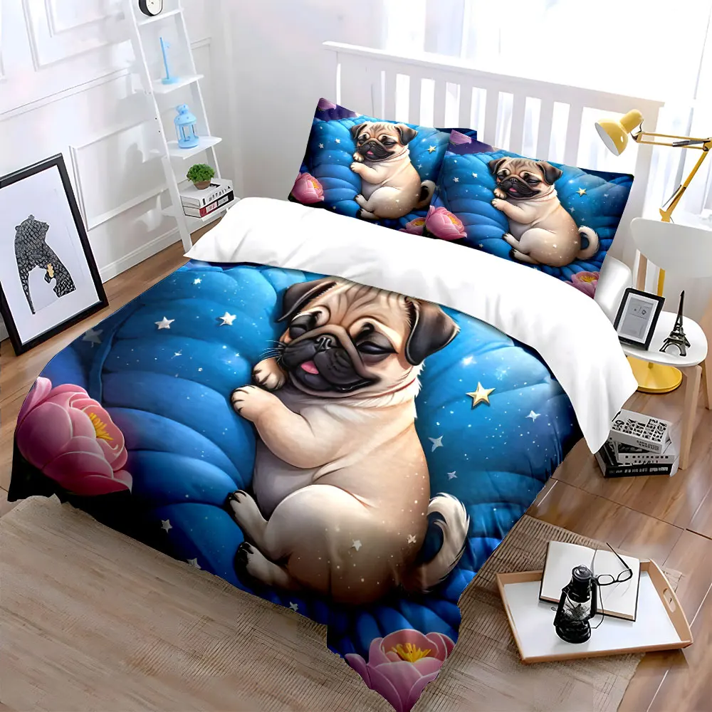 3Pcs Sleeping Pug Puppy Star Flower Duvet Cover Set, Blue Cushion Night Nursery Bedding Single Double King Queen, Gift