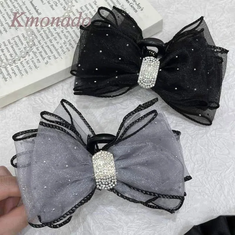 

Mesh Bow Hair Clasp for Back Head Advanced Sense Rhinestone Clip Elegant Fashion Updo Shark Clip Hair Accessory