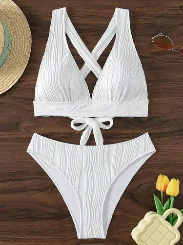 2025 Bikini arrugado, traje de baño para mujer, traje de baño femenino, conjunto de Bikini de dos piezas, traje de baño de corte alto, ropa de playa para nadar para mujer