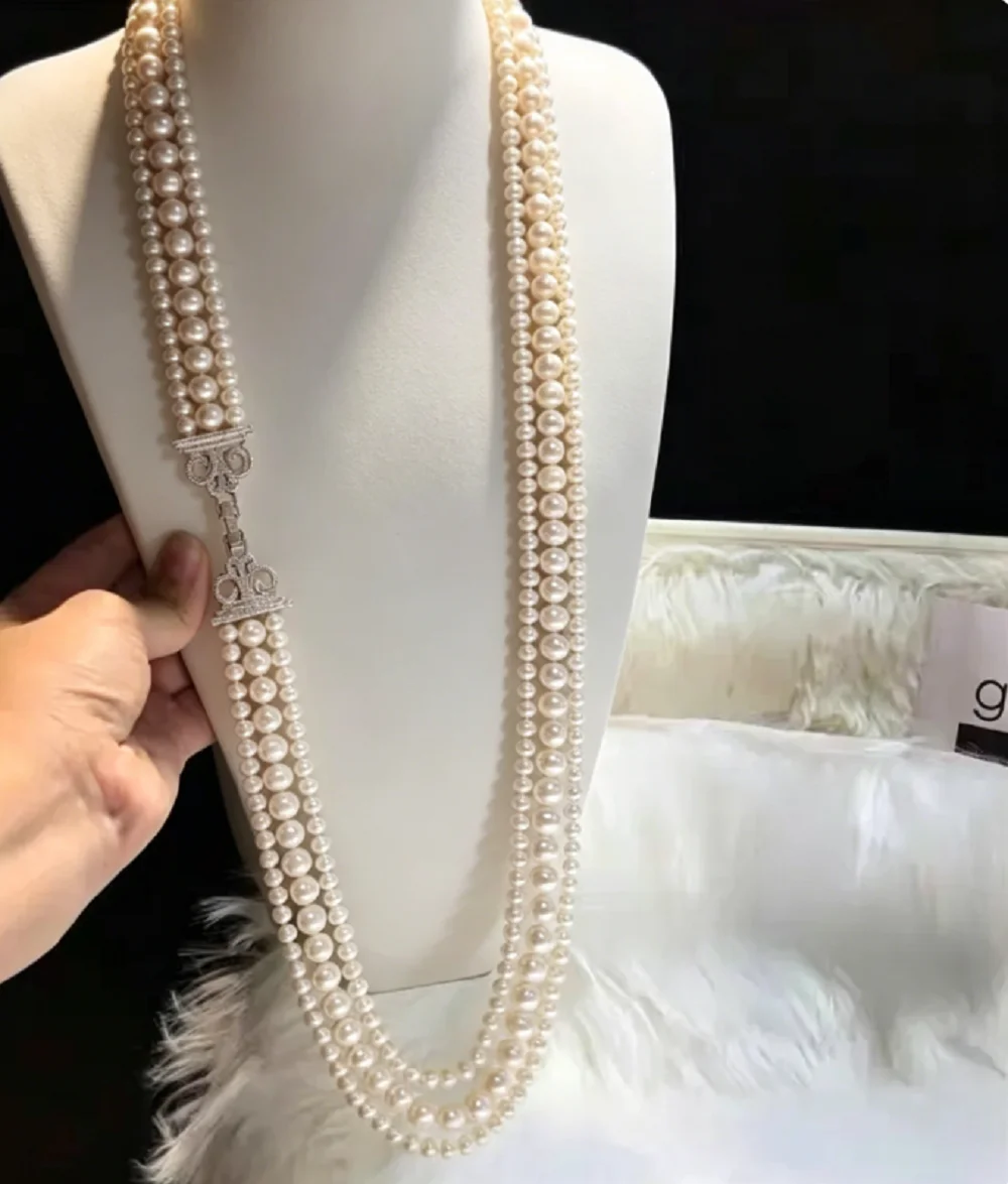 3/Long necklace AAAA4-8mm natural Japanese white pearl necklace 32-34-36in/supports customized sizes